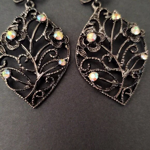 Dark metal dangle earrings with aurora borealis bead accents - Picture 8 of 10